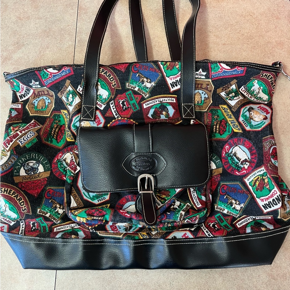 Vintage Carpetbags Of America Farm Label Print Satchel Tote Bag